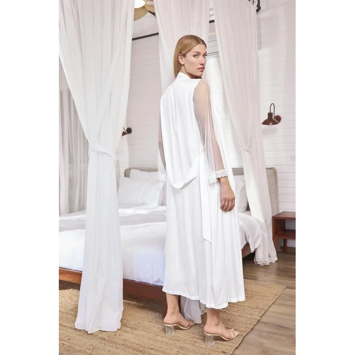 VipMarketim Dantelli Tüllü Ve Dekolteli Saten Sabahlık Takımı