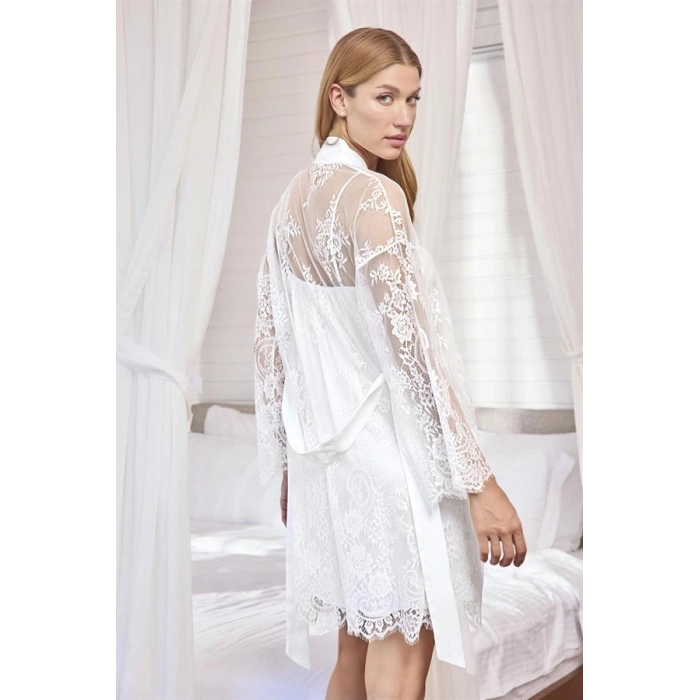 Vipmarketim Dantelli Tüllü Ve Dekolteli Saten Sabahlık Takımı