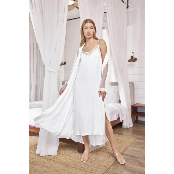 Vipmarketim Dantelli Tüllü Ve Dekolteli Saten Sabahlık Takımı