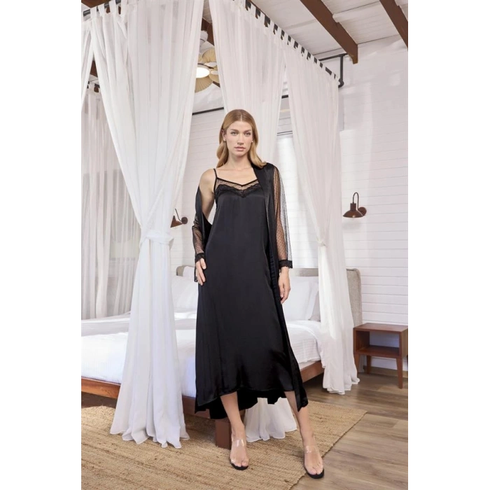 Vipmarketim Dantelli Tüllü Ve Dekolteli Saten Sabahlık Takımı