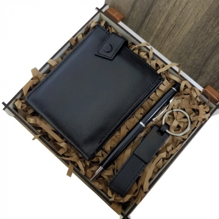 VipMarketim Dekoratif Ahşap Kutulu Erkeğe 3lü Set Cüzdan Anahtar Kalem Hediye Seti