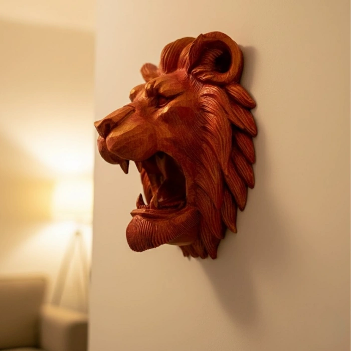 VipMarketim Dekoratif Asılabilir Aslan Başı 3D Duvar Heykeli Gold Red 20x21 cm
