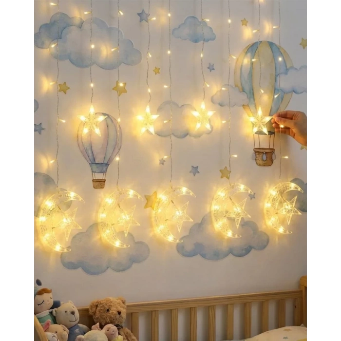 VipMarketim Dekoratif Ay Yıldız Perde Işığı Sıcak Beyaz Festival ve Ev Süsleme