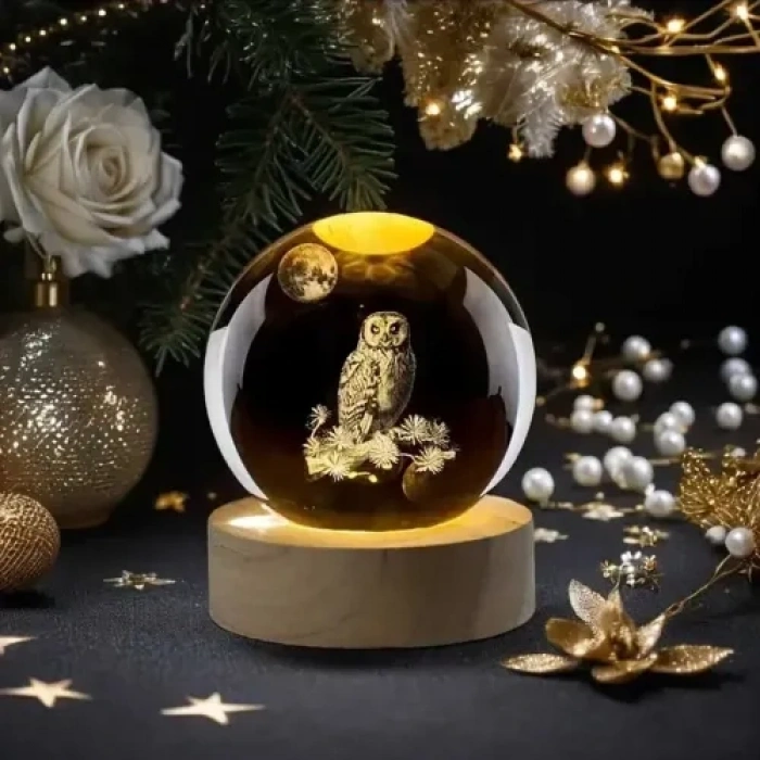 VipMarketim Dekoratif Baykuş Tasarımlı Işıklı Cam Küre