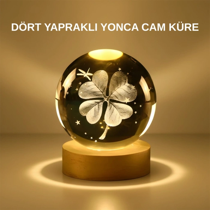 VipMarketim Dekoratif Yonca Görünümlü Işıklı Kristal Cam Küre USB Masa Gece Lambası