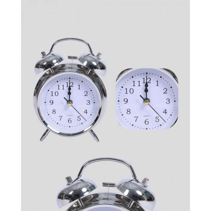 VipMarketim Dekoratif Yuvarlak Gümüş Sessiz Işıklı Masa Üstü Çalar Saat Alarmlı ve Şık Tasarım