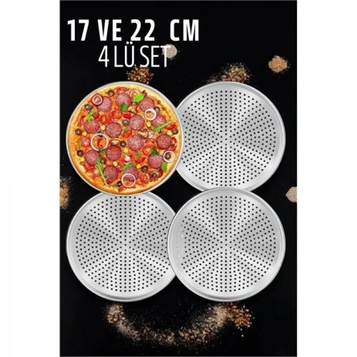 VipMarketim Delikli Pizza Lahmacun Tepsisi Çelik 17 ve 22 CM 4 lü SET