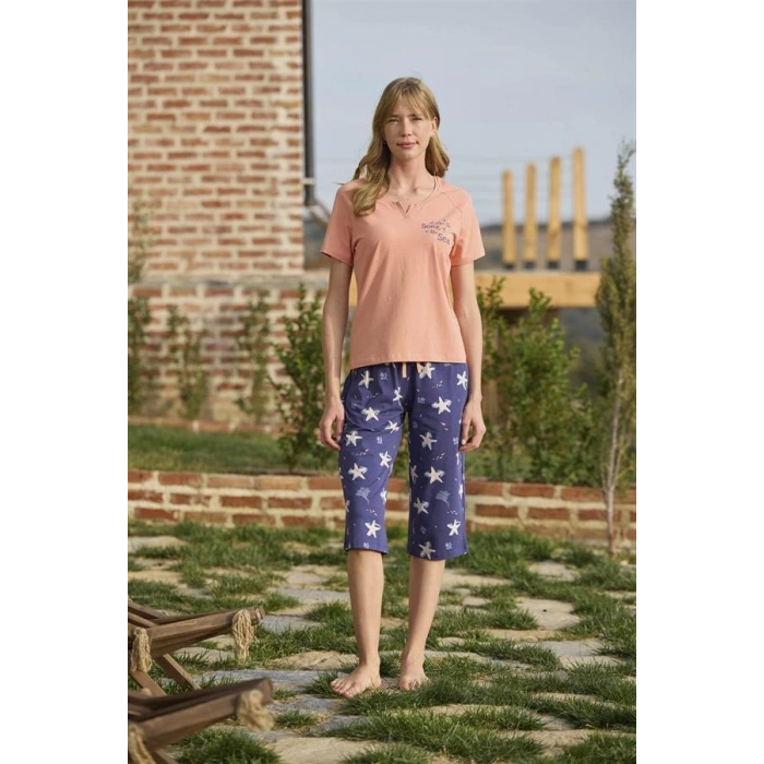 VipMarketim Deniz Yıldızı Desenli Ve Baskılı Önü Düğmeli Listen The Song Of The Sea Kapri Takımı