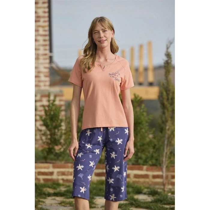 VipMarketim Deniz Yıldızı Desenli Ve Baskılı Önü Düğmeli Listen The Song Of The Sea Kapri Takımı