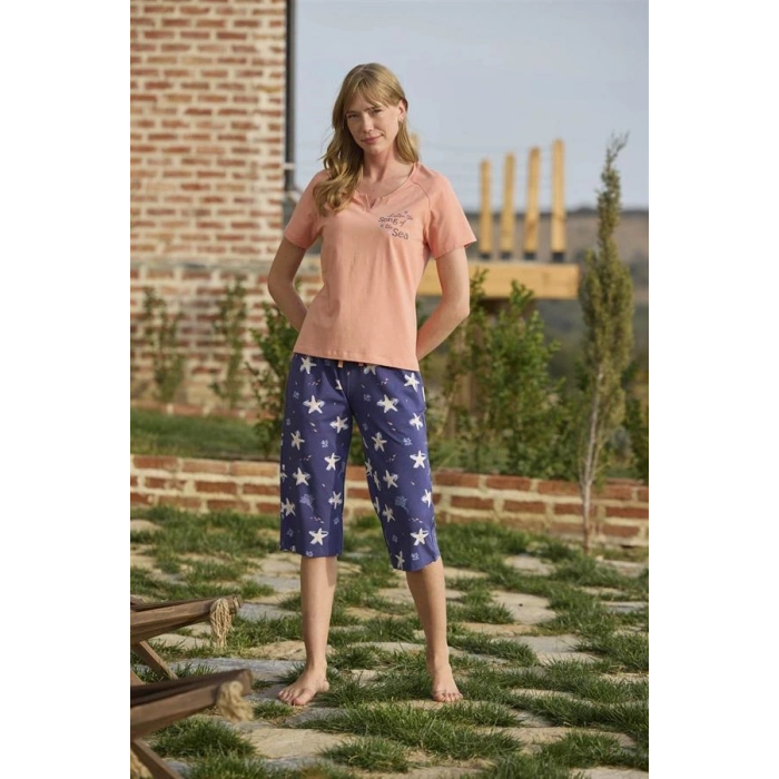 VipMarketim Deniz Yıldızı Desenli Ve Baskılı Önü Düğmeli Listen The Song Of The Sea Kapri Takımı