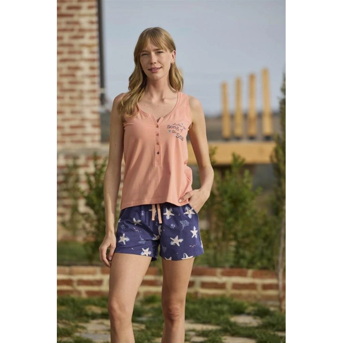 VipMarketim Deniz Yıldızı Desenli Ve Baskılı Önü Düğmeli Listen The Song Of The Sea Şort Takımı