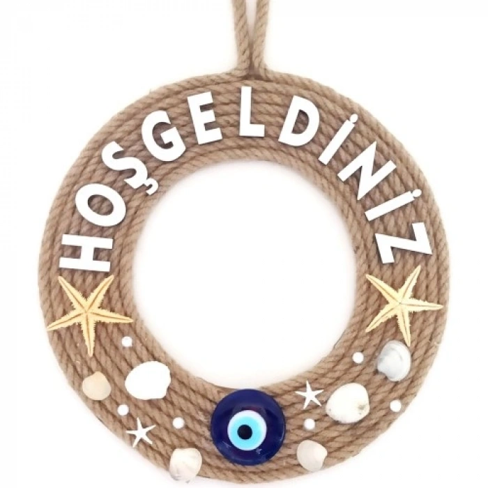 VipMarketim Deniz Yıldızlı Nazar Boncuklu Çakıl Taşlı İncili Hoş Geldiniz Yazılı Kapı Ve Duvar Süsü