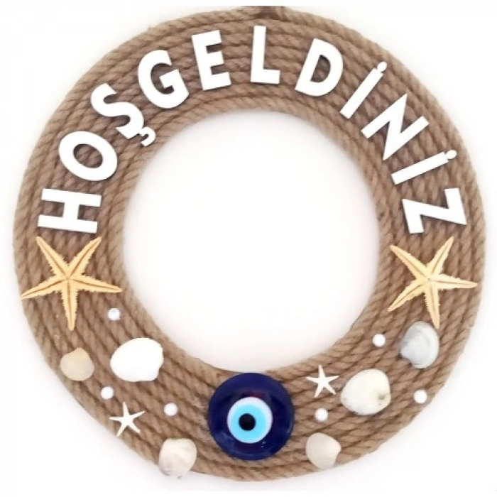 VipMarketim Deniz Yıldızlı Nazar Boncuklu Çakıl Taşlı İncili Hoş Geldiniz Yazılı Kapı Ve Duvar Süsü