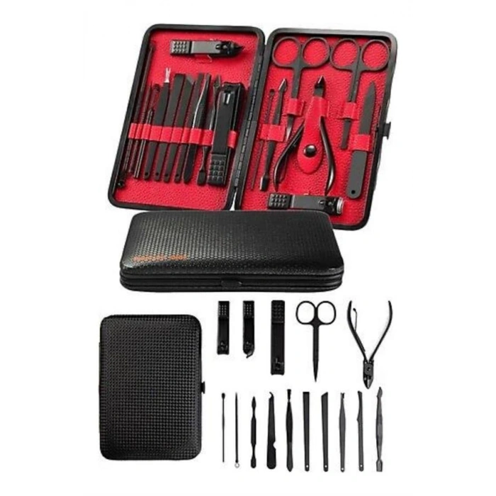 VipMarketim Deri Çantalı Siyah Paslanmaz Çelik 17 Parça Manikür Pedikür Seti