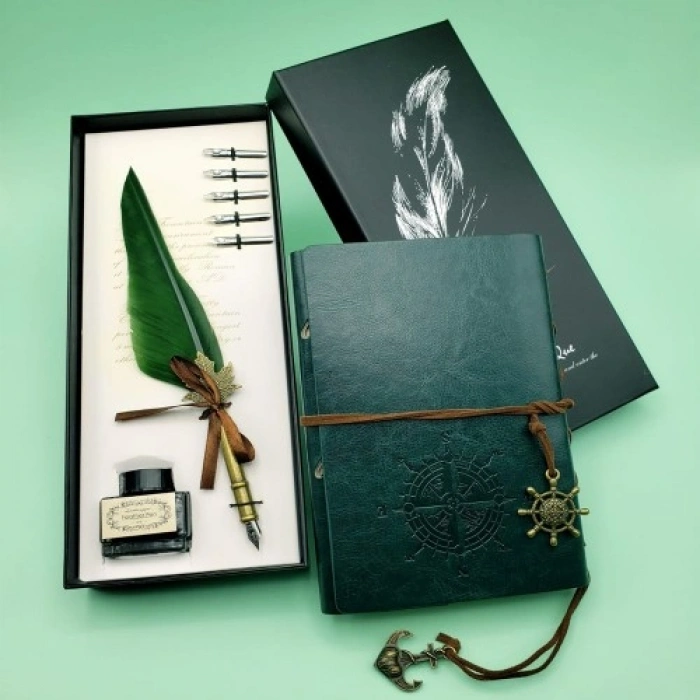 VipMarketim Deri Defter ve Tüylü Mürekkepli Kalem Seti