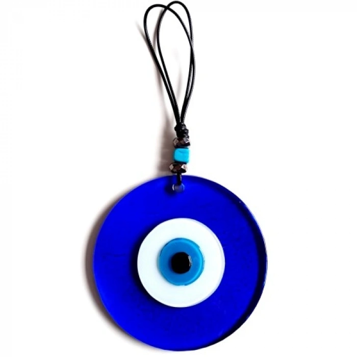 VipMarketim Deri İpli El Yapımı Nazar Boncuklu Mavi Renk Cam Duvar Süsü