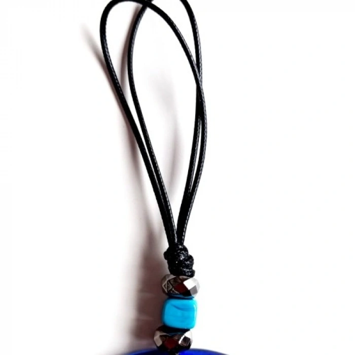 VipMarketim Deri İpli El Yapımı Nazar Boncuklu Mavi Renk Cam Duvar Süsü