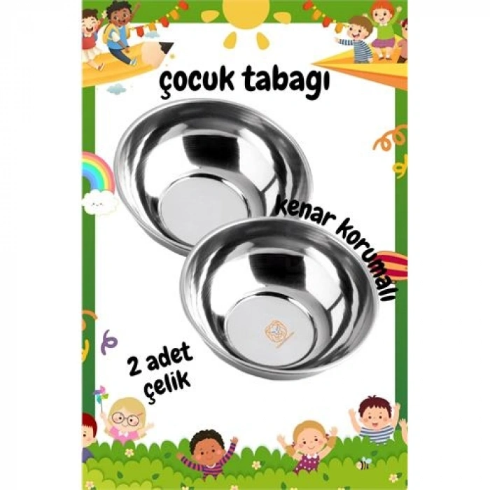 VipMarketim Derin Çocuk Tabağı Güvenli Kenarlı Çelik 2 Adet 16 cm