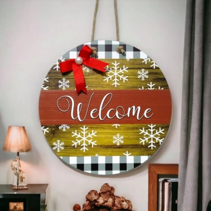 VipMarketim Dijital Baskı Kırmızı Kurdeleli İncili Welcome Kapı Süsü 30 Cm Kapı Süsü