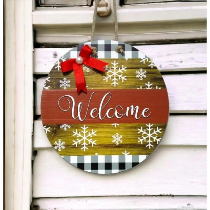 VipMarketim Dijital Baskı Kırmızı Kurdeleli İncili Welcome Kapı Süsü 30 Cm Kapı Süsü