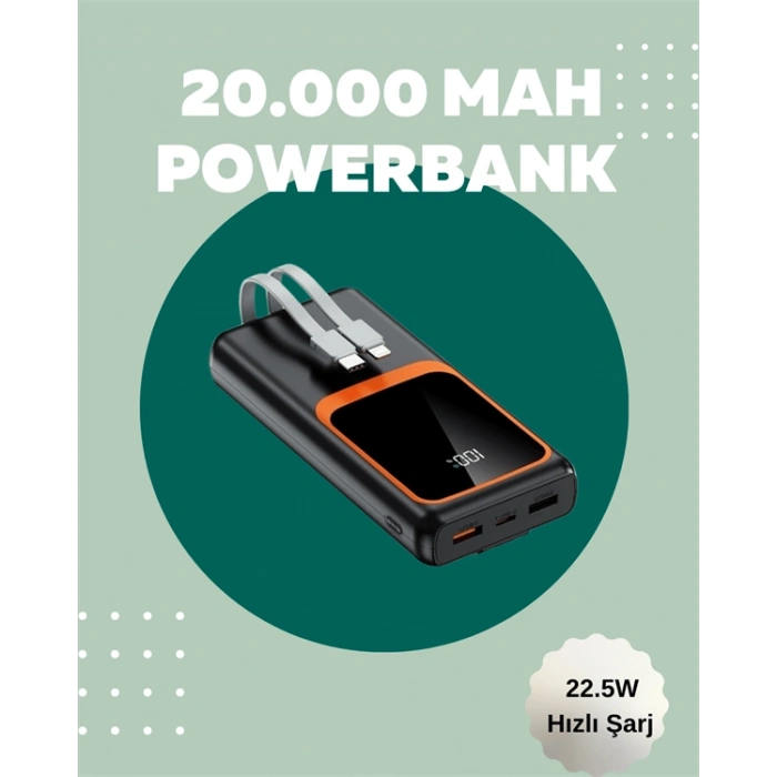 VipMarketim Dijital Ekranlı 20.000 mAh Powerbank | 22.5W Hızlı Şarj + Çoklu Bağlantı Seçeneği