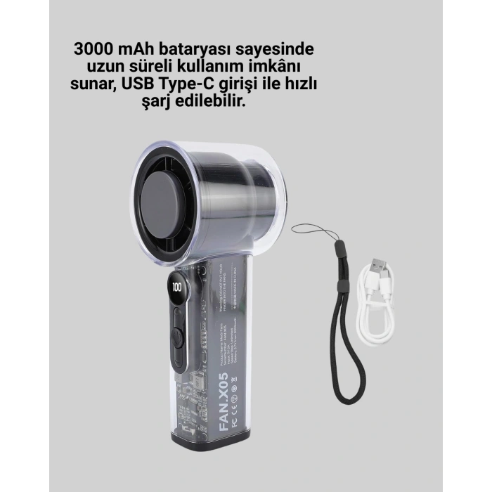 VipMarketim Dijital Ekranlı Şarjlı Mini Fan 100 Kademeli Hız Ayarı