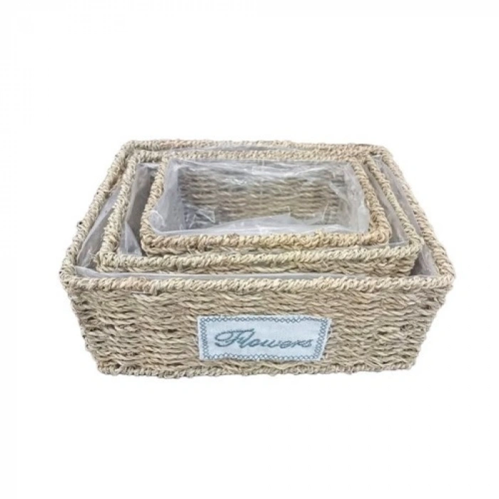 VipMarketim Dikdörtgen Doğal Hasır Saksı Seti - 3lü