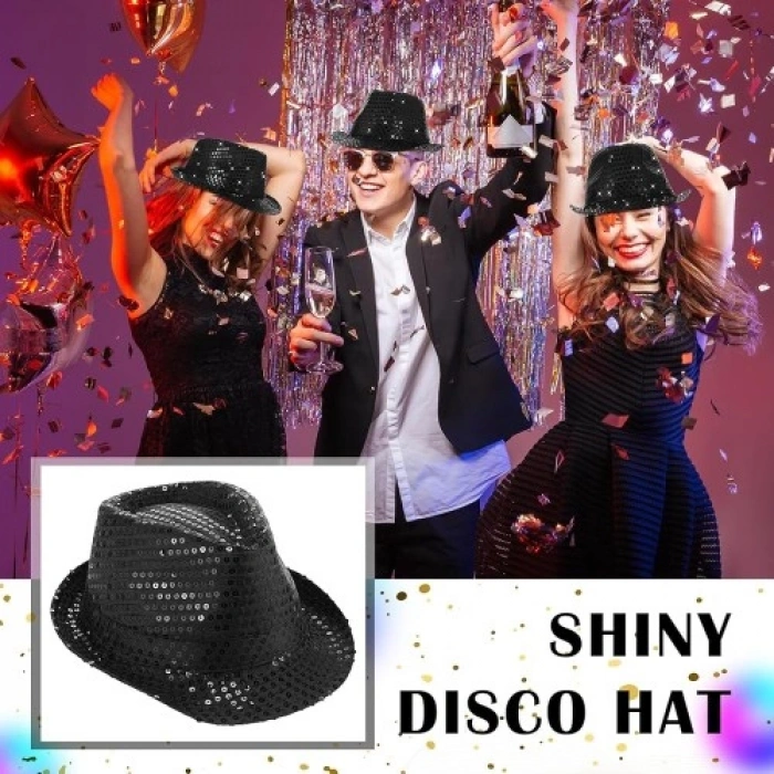 VipMarketim Disko Star Siyah Payetli Fötr Şapka Yetişkin Boy