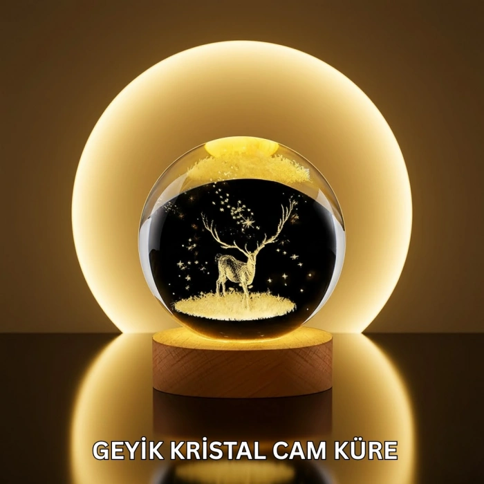 VipMarketim Doğal Ahşap Standlı Geyik Figürlü Kristal Küre LED Dekoratif Lamba