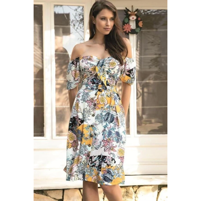 VipMarketim Dokuma Önden Bağlamalı Çiçek Baskılı Omuzu Düşük Büstiyer Ve Önden Düğmeli Etek Takım