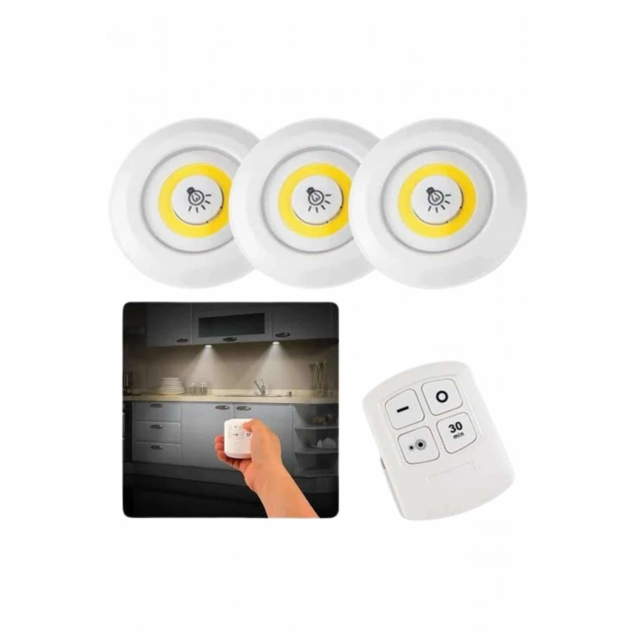 VipMarketim Dolap Işığı Mutfak Rafı Işığı Uzaktan Kumandalı 3 Lü Spot Led Lamba