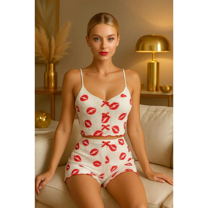 VipMarketim Dudak Desenli Şortlu Pijama Takımı
