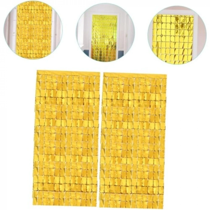 VipMarketim Ekstra Metalize Altın Renk Disko Dikdörtgen Kesim Kapı Perdesi Dekorasyon 1x2 Metre