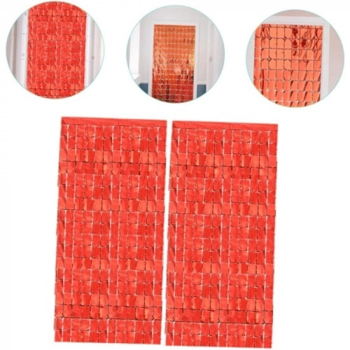 VipMarketim Ekstra Metalize Kırmızı Renk Disko Dikdörtgen Kesim Kapı Perdesi Dekorasyon 1x2 Metre