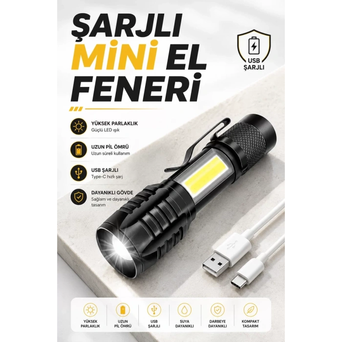 VipMarketim El Feneri Led USB Şarjlı Zoom Mini Led Işık Acil Durum Feneri