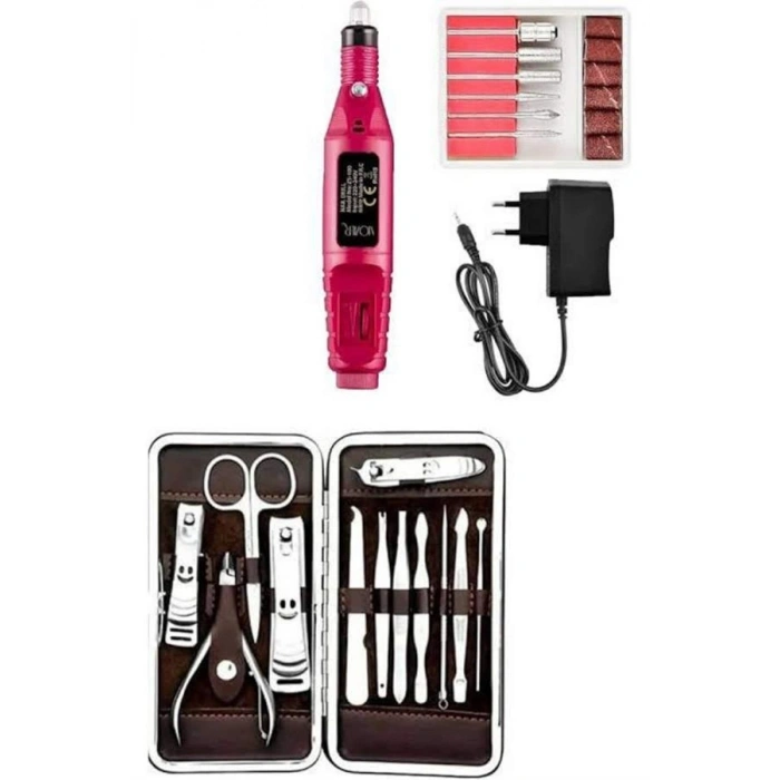 VipMarketim Elektrikli Manikür Pedikür Seti İkili Set 12 Parça Tırnak Bakımı Törpü Protez Çıkarma