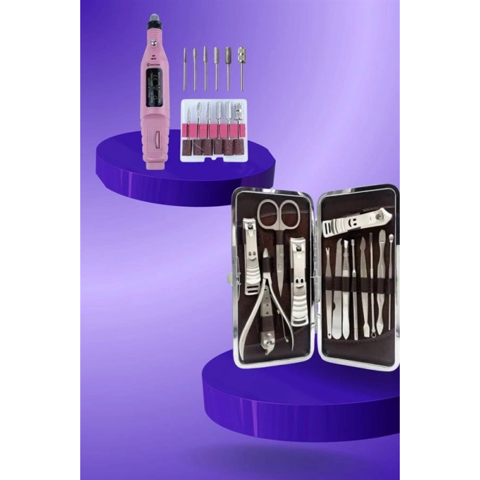 VipMarketim Elektrikli Manikür Pedikür Seti İkili Set 12 Parça Tırnak Bakımı Törpü Protez Çıkarma