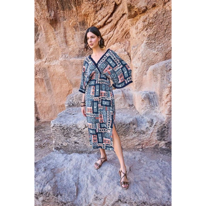 Vipmarketim Etnik Desenli Kısa Kollu Yırtmaçlı Elbise