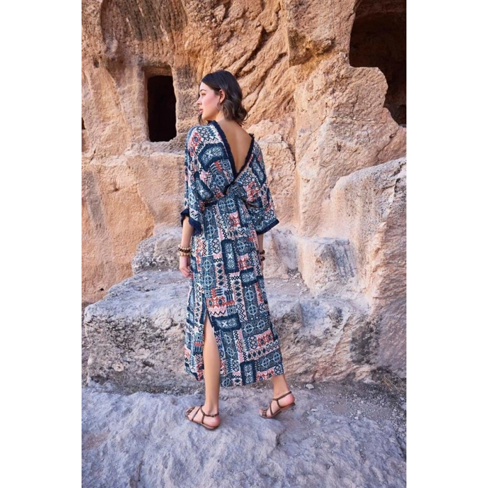 Vipmarketim Etnik Desenli Kısa Kollu Yırtmaçlı Elbise