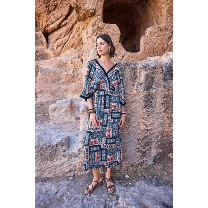 Vipmarketim Etnik Desenli Kısa Kollu Yırtmaçlı Elbise