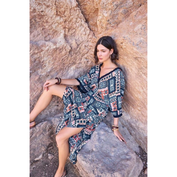 Vipmarketim Etnik Desenli Kısa Kollu Yırtmaçlı Elbise