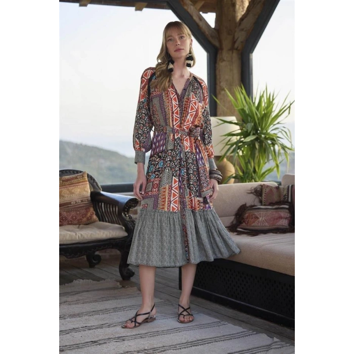 Vipmarketim Etnik Desenli Kuşaklı Elbise
