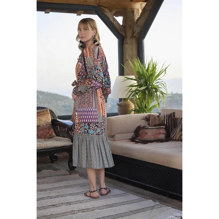 Vipmarketim Etnik Desenli Kuşaklı Elbise