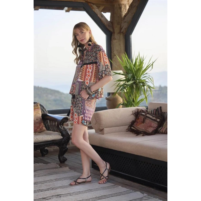 VipMarketim Etnik Desenli Önü Düğmeli Alt Üst Takım