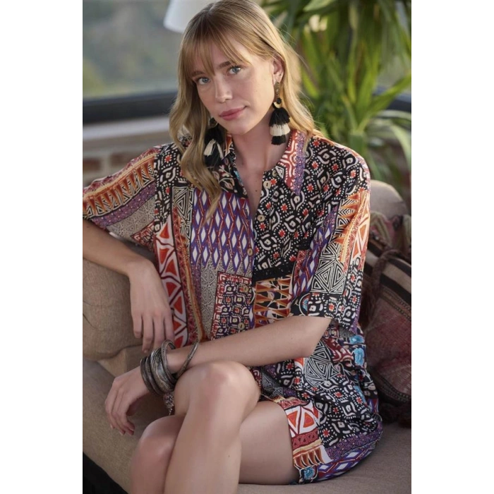 Vipmarketim Etnik Desenli Önü Düğmeli Alt Üst Takım