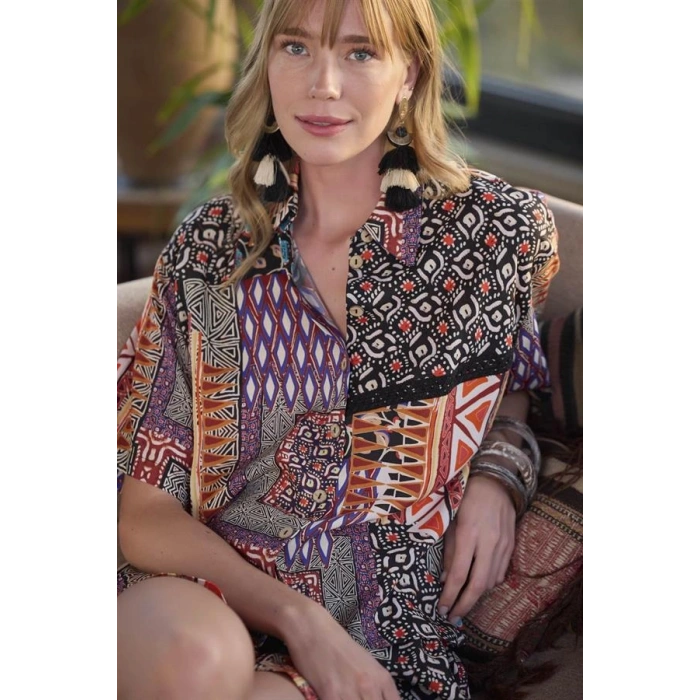 VipMarketim Etnik Desenli Önü Düğmeli Alt Üst Takım