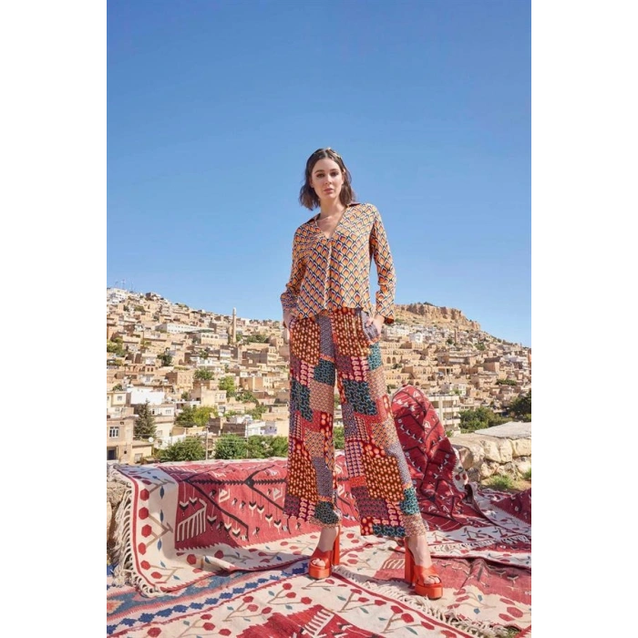 Vipmarketim Etnik Desenli Saten Alt Üst Takım