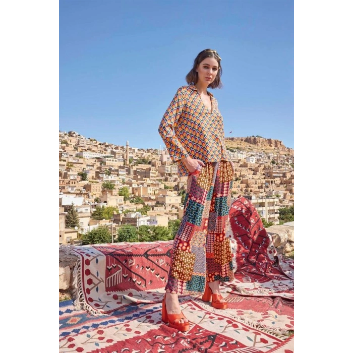 Vipmarketim Etnik Desenli Saten Alt Üst Takım