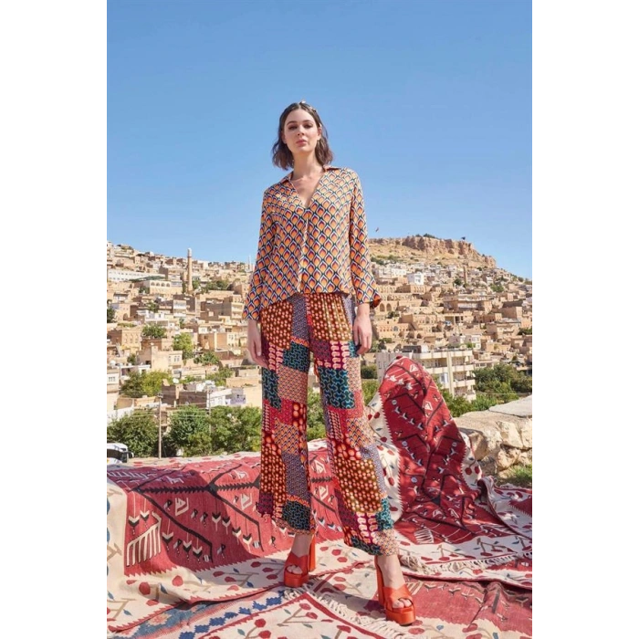 Vipmarketim Etnik Desenli Saten Alt Üst Takım