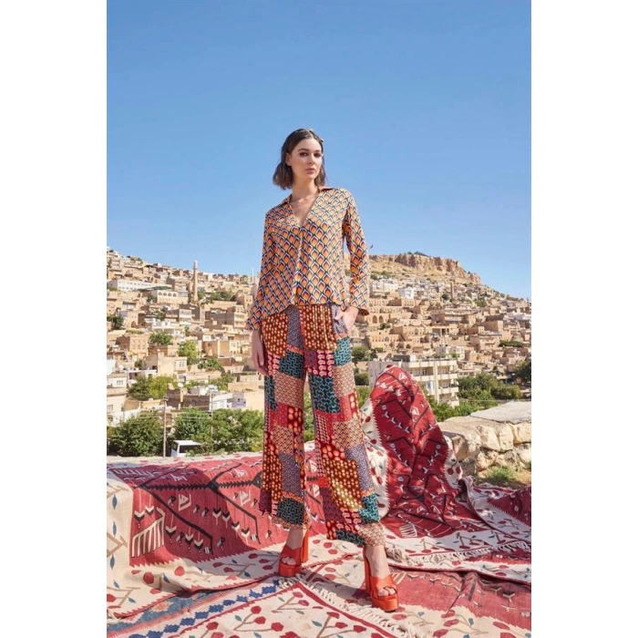 Vipmarketim Etnik Desenli Saten Alt Üst Takım